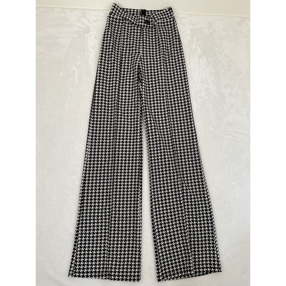 Fashion Nova Women's Houndstooth Wide Leg Pants Black White High Waist